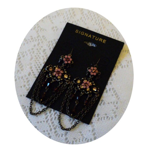 NEW Handcrafted Long Drop Floral Crystal Dangle Earrings Women Fashion Jewelry - Picture 3 of 5